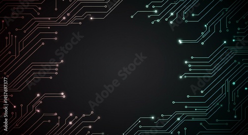 Abstract circuit board pattern with glowing lines and a dark center.