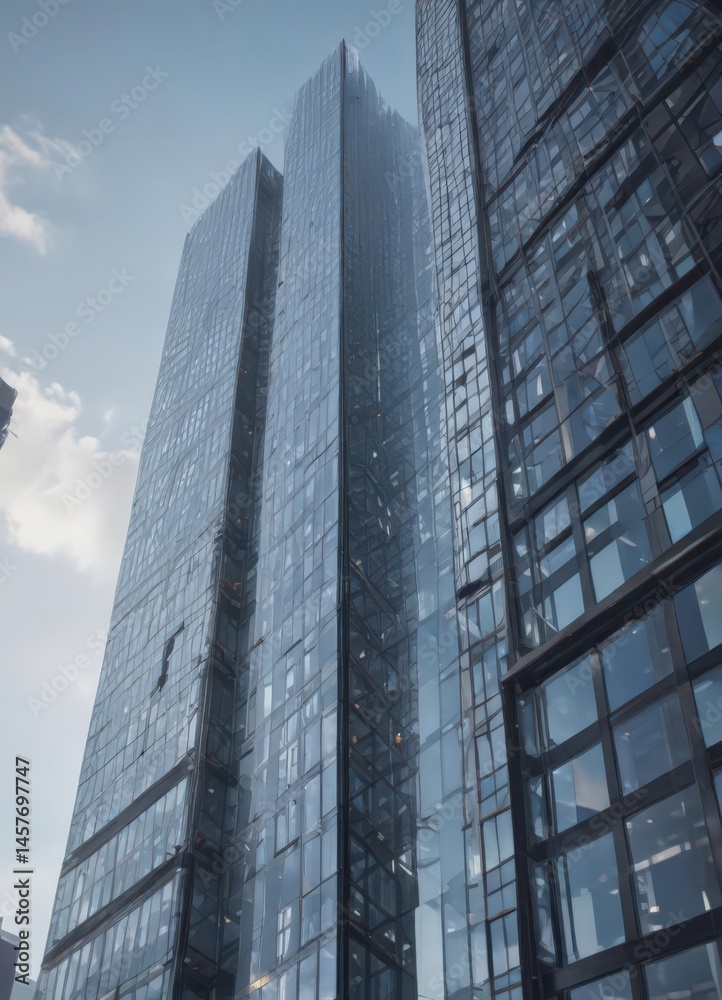 Fototapeta premium Sleek skyscraper rising, glass and steel frame, facade, development