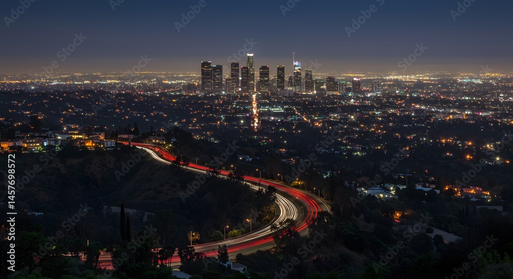 Obraz premium City Skyline at Night with Car Light Trails