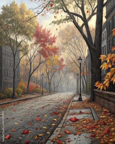 Obraz na płótnie A deserted street filled with autumn leaves suggesting the passage of time and how isolation can lead to feelings of stagnation and disconnect from the world. w salonie