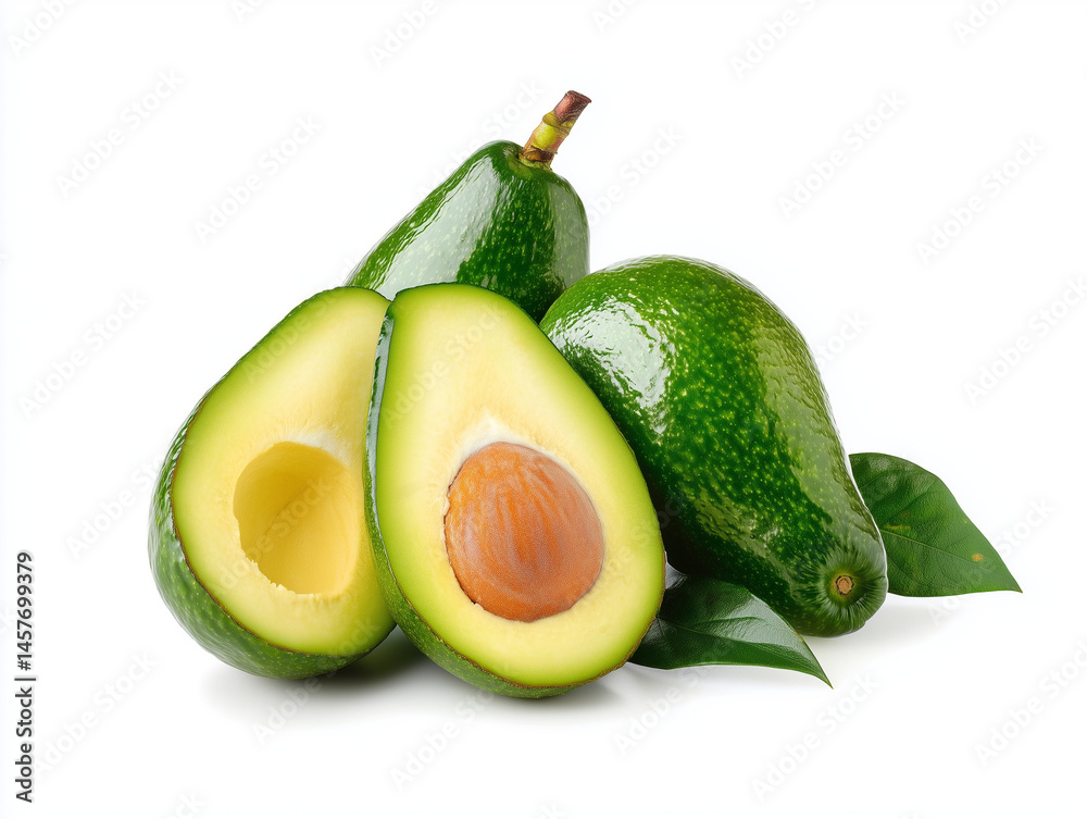 Fresh Avocado with Seed and Leaves on White Background Fresh Avocado with Seed and Leaves on White Background