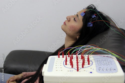 Electroencephalogram on a 20-year-old latin woman to measure brain electrical activity and diagnose brain problems, such as epilepsy and sleep disorders