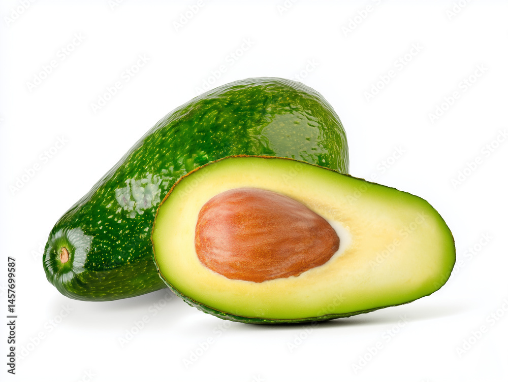 Fresh Avocado with Seed and Leaves on White Background Fresh Avocado with Seed and Leaves on White Background