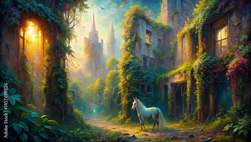 Ethereal Unicorn Pattern Glow: Urban Exploration Post-Impressionist Stock Photo