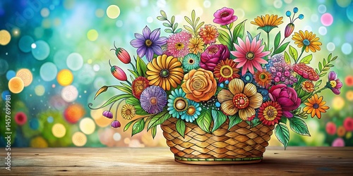 Exquisite Flower Basket Doodle Art Pattern, Bokeh Background for Spring Design