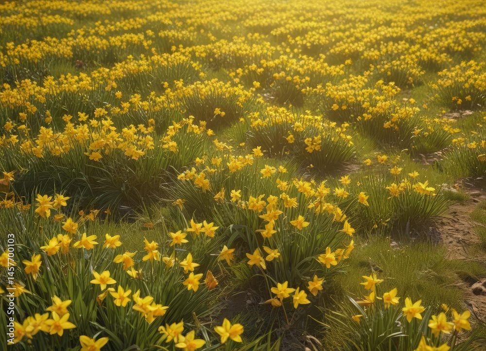Obraz premium Golden daffodils carpet sunny meadow, vibrant yellow hues, carpet of flowers, nature