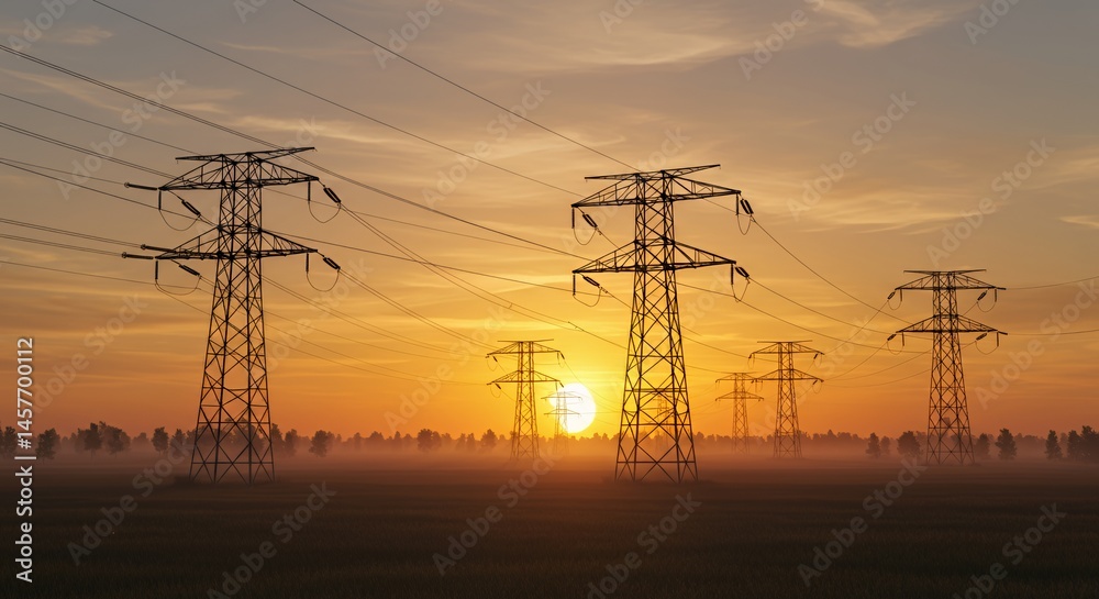 Fototapeta premium Sunrise over power lines in a misty field.