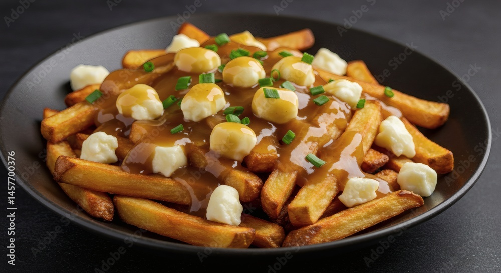 A close up shot of a plate of poutine with french fries cheese curds and gravy on a dark background A close up shot of a plate of poutine with french fries cheese curds and gravy on a dark background
