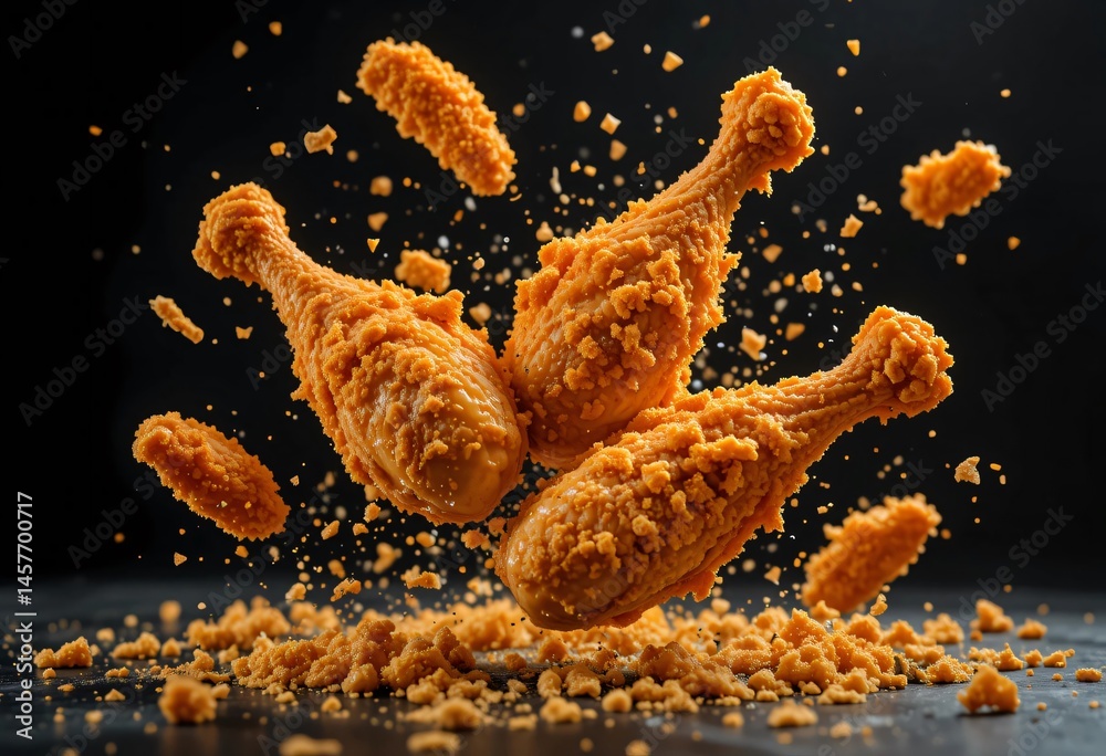 Fototapeta premium Crispy Fried Chicken Drumsticks in a Dynamic Food Photography Composition