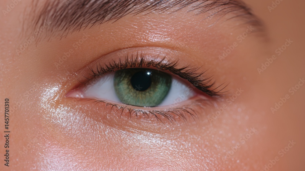 Fototapeta premium closeup of a young woman with glowing skin treating under eyes with olive green eye patches.