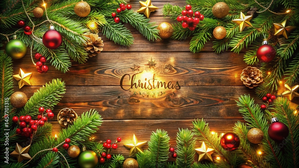 Festive Christmas Background: Greenery Border, Ornaments & Copy Space Festive Christmas Background: Greenery Border, Ornaments & Copy Space