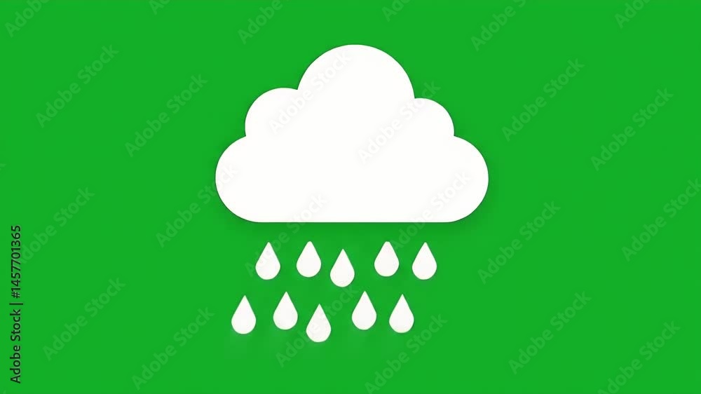 Rain Cloud Icon Animation with Falling Water on Green Screen Background