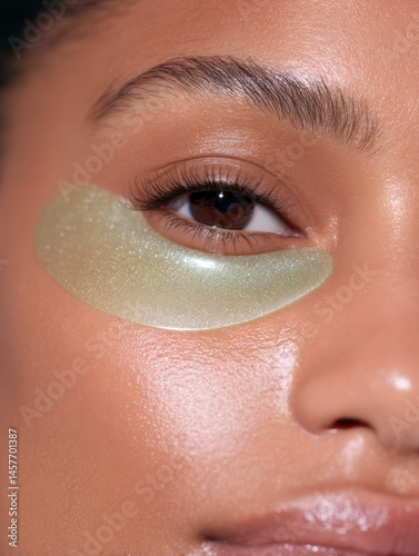 closeup of a young woman with glowing skin using an under eye mask patch.