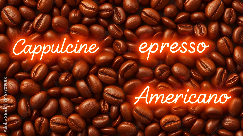 A shiny coffee bean pattern for a cafe menu.  It features cappuccino, espresso, and americano, with a glowing neon sign effect.