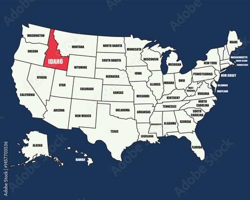 Colorful USA map with state names, highlighting Idaho, ideal for education, travel, and geographic projects.