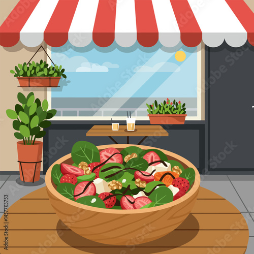 Fresh Salad Bowl Outside Restaurant with Awning and Table Nearby