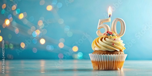 Fifty Years, Fiftieth Anniversary, Birthday Cupcake with Burning Candle - Stock Photo