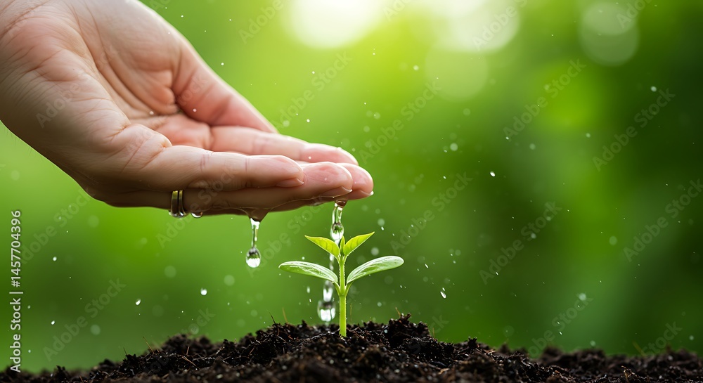 Fototapeta premium Hand Watering a Young Plant with Sparkling Water Drops in Sunlig