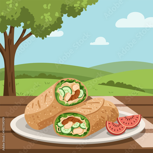 Delicious Lunch Wraps with Fresh Watermelon Slices on a Picnic Table