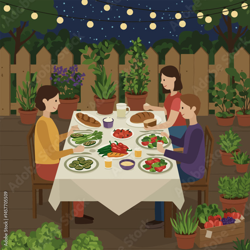 People Enjoying Outdoor Dinner Party with Fresh Vegetables and Salad