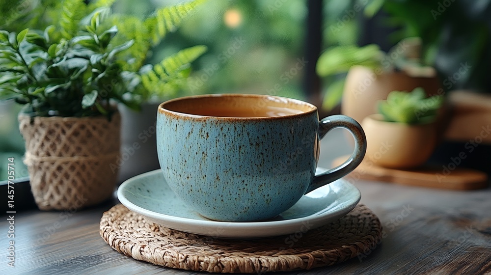 Fototapeta premium Blue ceramic cup with liquid and saucer rests on woven placemat near green houseplants, soft focus background, morning vibe on a transparent background, PNG image, PNG file.