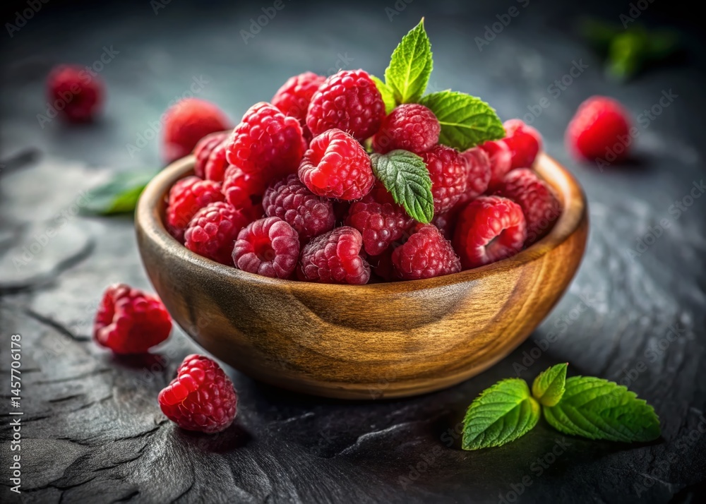 Fresh Raspberries in Wooden Bowl - Close-up Tilt-Shift Photo Fresh Raspberries in Wooden Bowl - Close-up Tilt-Shift Photo