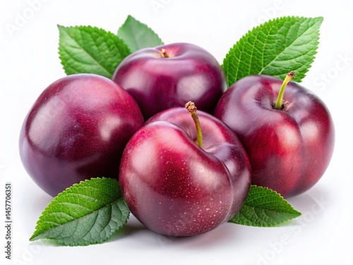 Wallpaper Mural Fresh Ripe Plums with Green Leaves Isolated on White Background - High-Resolution Stock Photo Torontodigital.ca