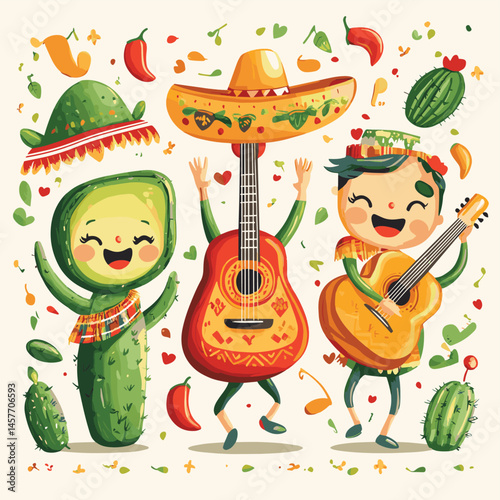 Cinco de Mayo - May 5, federal holiday in Mexico. Fun, cute characters as chilli pepper, avocado, cactus playing guitar, dancing and drinking tequila, vector style simple color