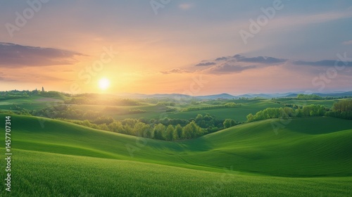 Golden sunset over rolling green hills