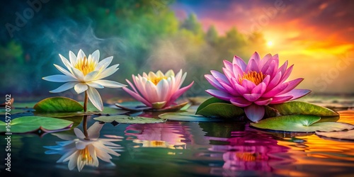 Fuchsia Water Lilies Dawn Glow Flat Lay - Soft Texture Canvas Background