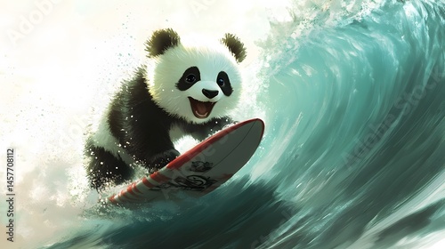 Cute panda riding a wave on a surfboard. photo