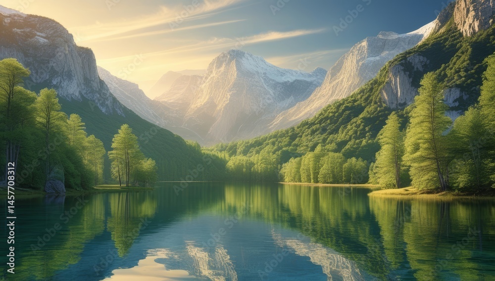 Fototapeta premium Tranquil mountain lake reflecting majestic peaks under a serene sky landscape