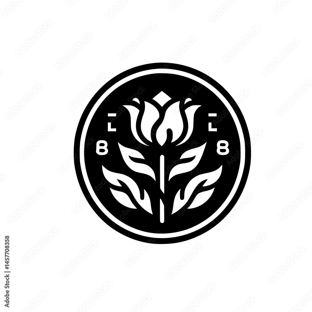 Fototapeta premium Minimalist Floral Emblem: Monochromatic Design for Branding