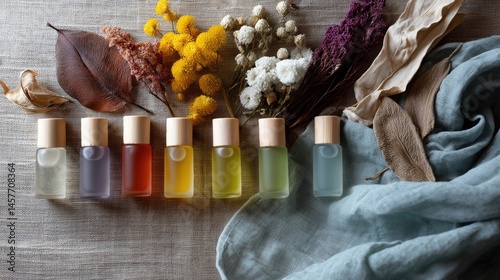 Obraz na płótnie A collection of aromatherapy rollons in colorful glass bottles arranged artistically next to a tered assortment of dried flowers and leaves on a textured fabric. w salonie