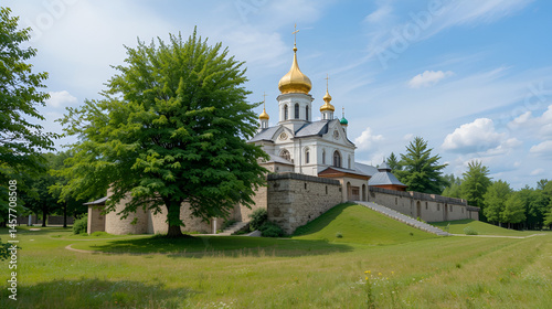 Church of the Intercession behind stockade of .Zaporizhian Sich Fort scansen in Zaporizhzhia, Ukraine
