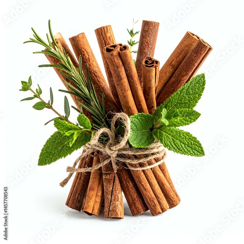 A bundle of aromatic herbs and spices tied together with twine for culinary use.