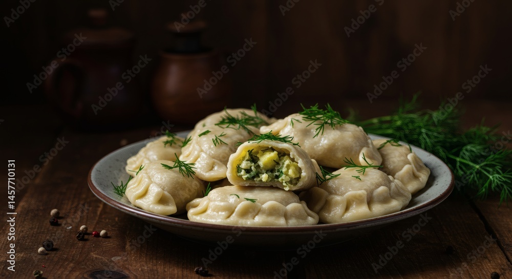 Plate of pierogi filled with potato and spinach garnished with dill on a wooden table top view