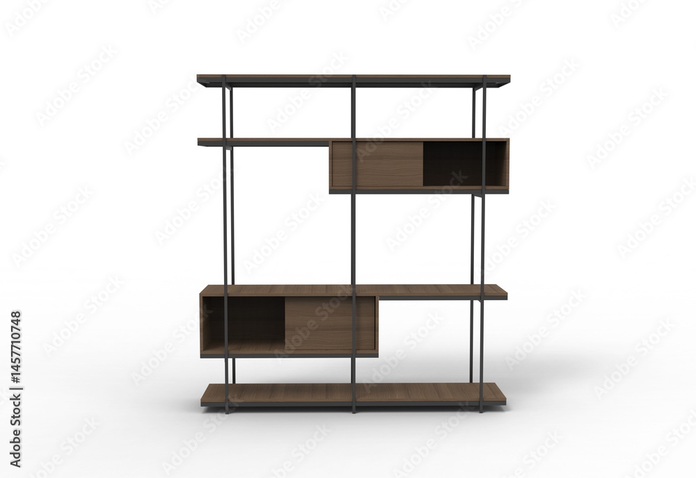 Fototapeta premium big wooden and metal shelf front view with shadow 3d render