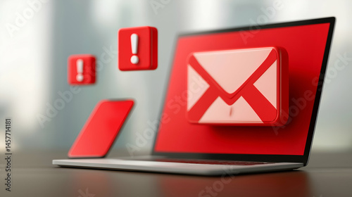 A laptop displays a large email icon with alert symbols, indicating urgent or important email notifications.