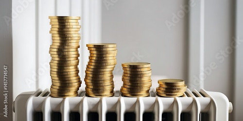 Stacks of golden coins placed on a radiator symbolizing rising heating costs and increasing energy expenses, financial impact of utility bills in colder seasons

