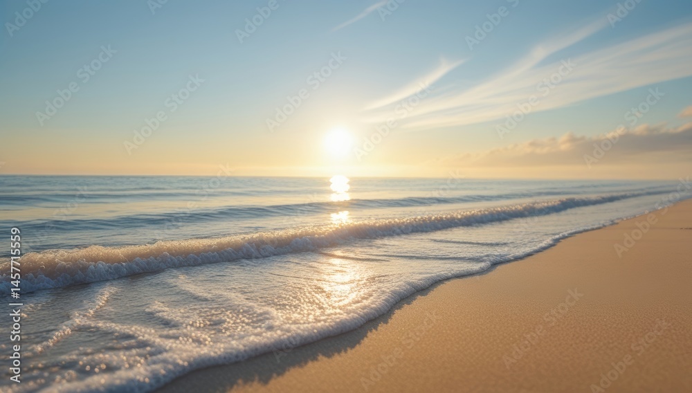 Obraz premium Idyllic beach scene at sunrise featuring calm sea waves and a radiant sun