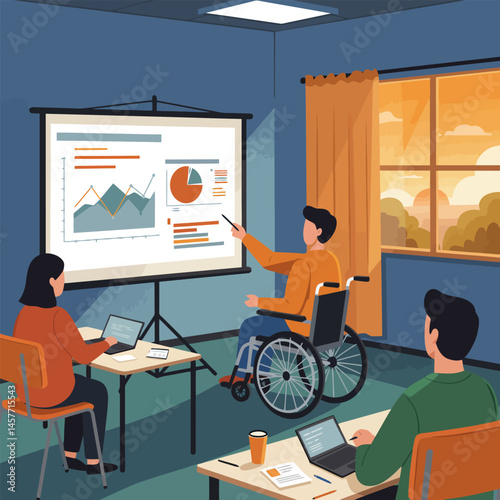Man in Wheelchair Presenting Data Charts to Attendees in Meeting Room