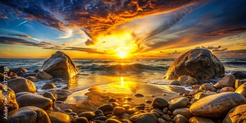 Golden Sunset Ocean Rocks Double Exposure Photography - Dramatic Coastal Scene