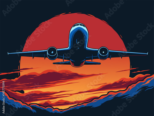 Airplane Taking Off at Sunset - Vector Illustration