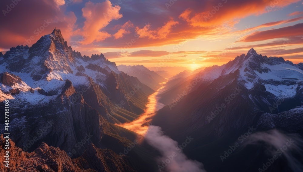 Obraz premium Majestic mountain range illuminated by the vibrant hues of the setting sun, a panorama of natural beauty