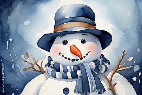Adorable watercolor snowman clipart with transparent background, crafted using generative AI technology.