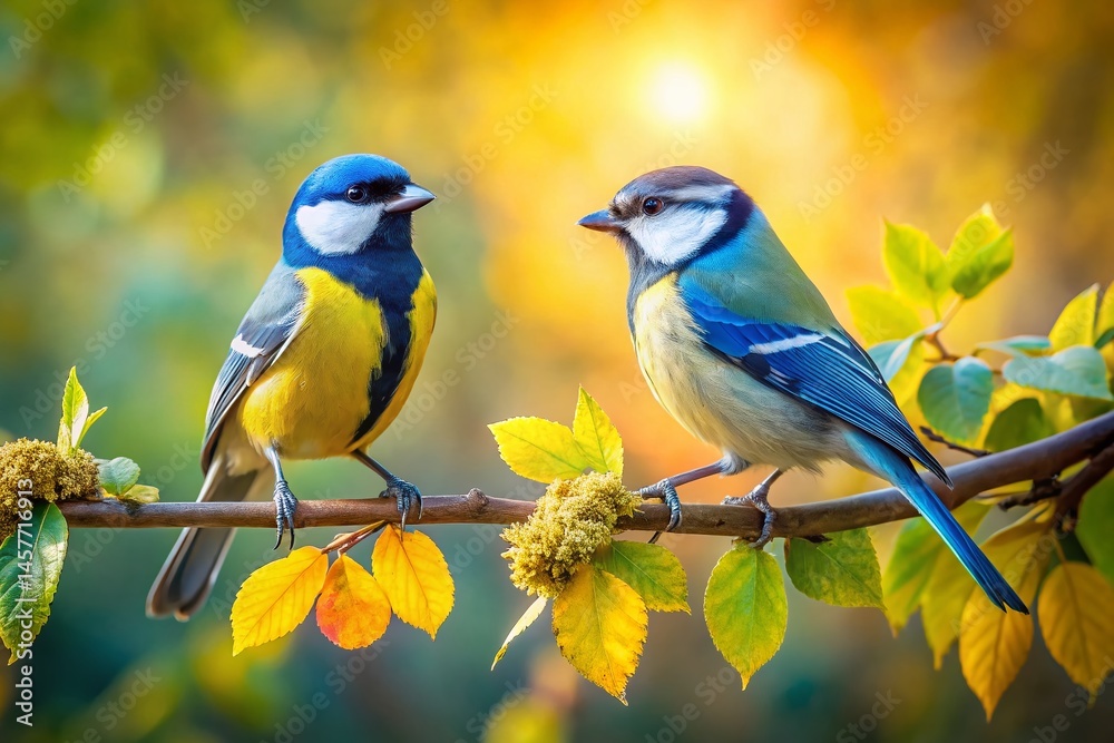 Obraz premium Great Tit and Blue Tit Perched on Branch - Aerial View Stock Photo