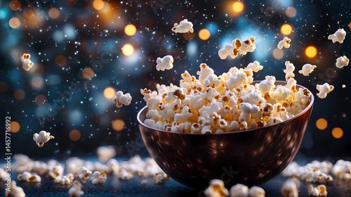 Popcorn kernels floating above a bowl, dark background with bokeh lights. [Graviton Cities] | Buoyant Megastructures | floating bulk. Illustration