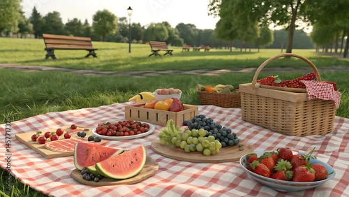 Picnic blanket with fruits basket and benches in park setting