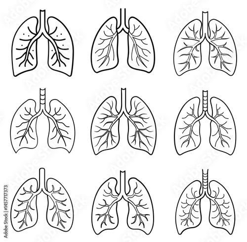 Set Of Lungs icon. Simple solid style. Human internal organ, lung, respiratory system, pulmonology concept. Black silhouette, glyph symbol. Vector illustration